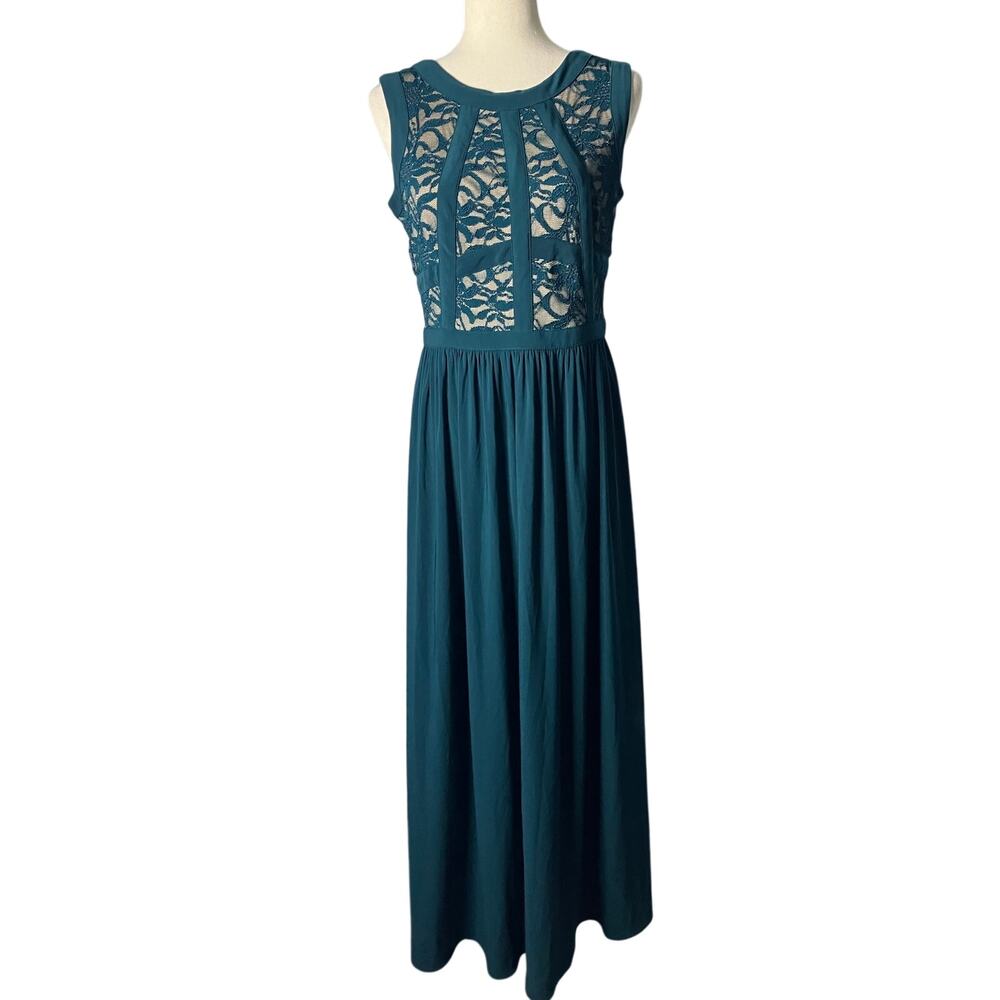 Morgan & Co Teal Floral Lace Sleeveless Formal Maxi Dress Size 11/12